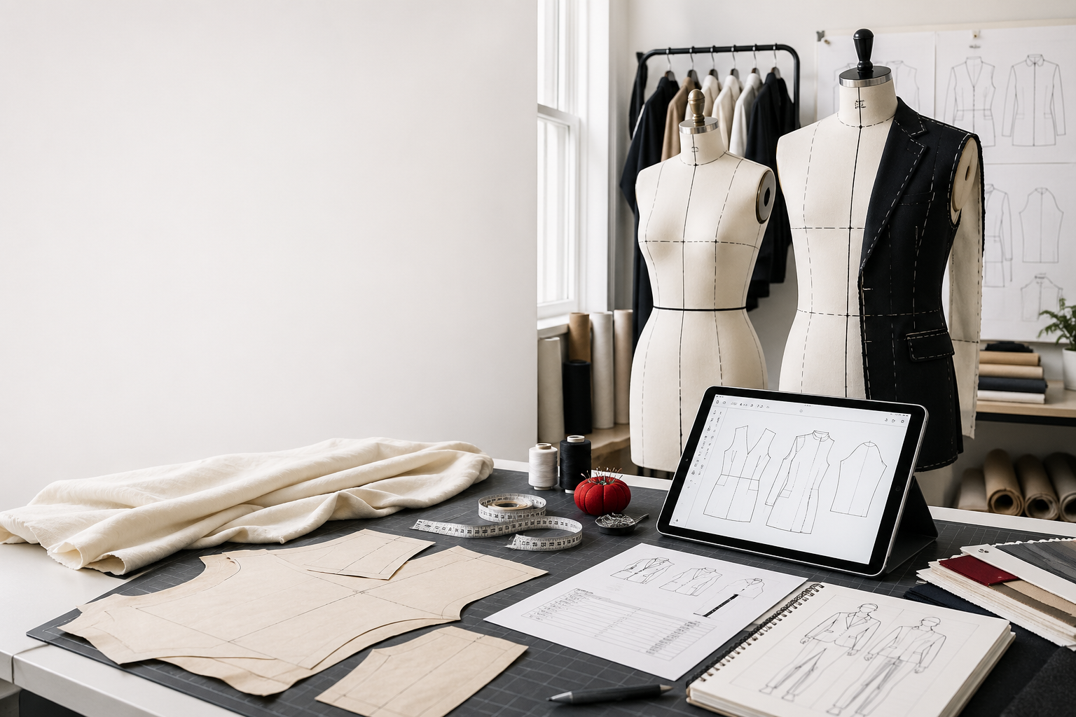 Digital pattern making studio with womenswear and menswear mannequins, tablet patterns, measuring tape, and paper patterns